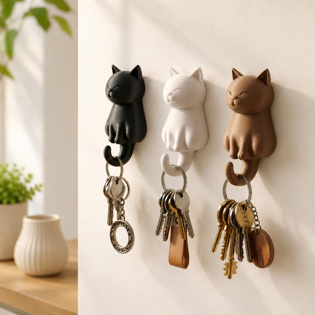 Kit 3 Ganchos Decorativos de Parede Gato 3D Adesivo Sem Furo para Chaves e Acessórios