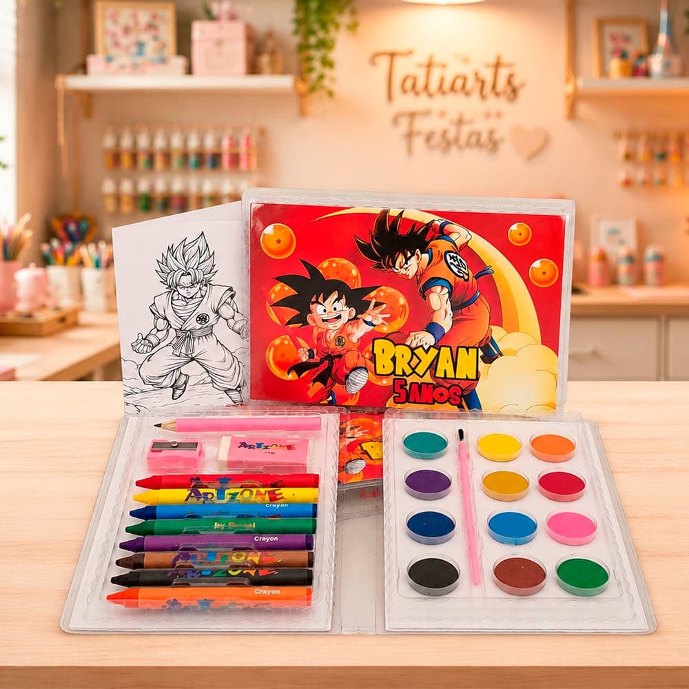 7 Estojos de Pintura Personalizado - Dragon Ball - Lembrança Personalizada - com guache e lápis de cor