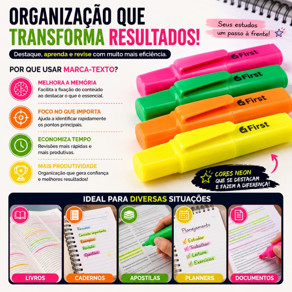 Kit Marca Texto Neon 4 Cores NeoMark™ Marcador de Texto Escolar para Estudo Faculdade Planner Escritório