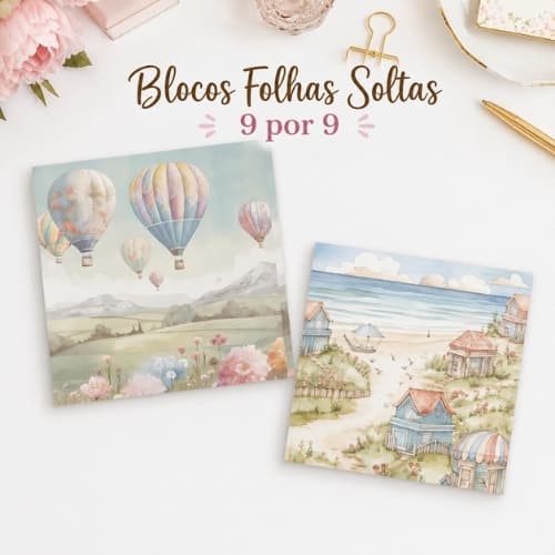 Kit 2 Blocos Folhas Soltas "Paisagens" 9cm por 9cm. Papelaria