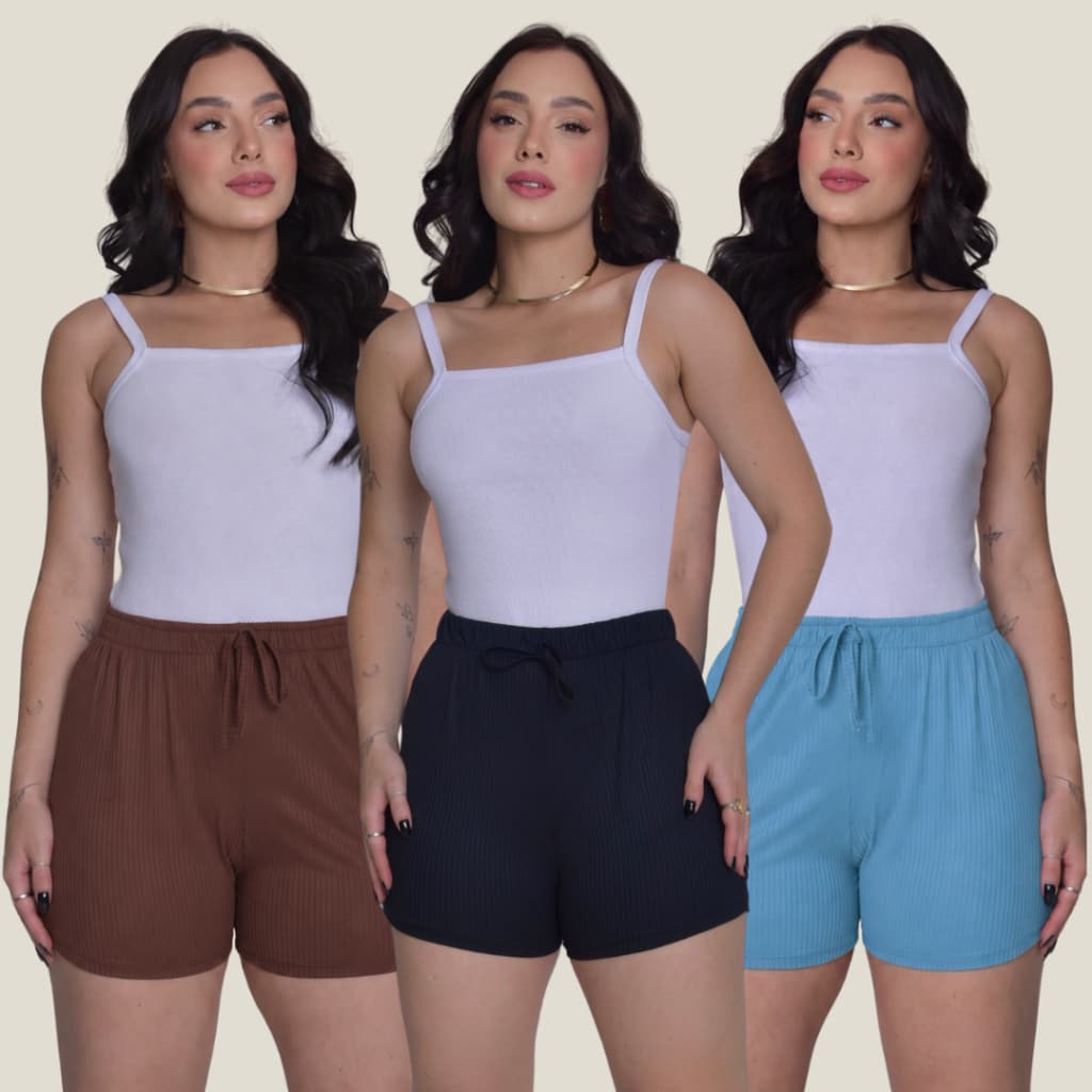 KIT 3 Shorts Femininos em Malha Canelada com Elastano Cintura Alta