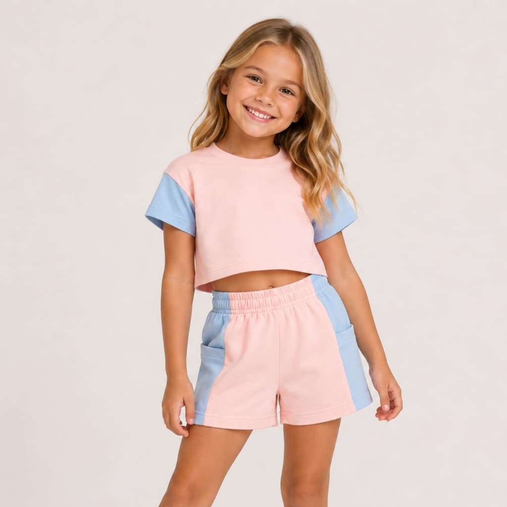 Conjunto Infantil Para Menina Verão Tam. 02 ao 08 - Cropped e Short Liso com bolsos laterais - 100% Algodão