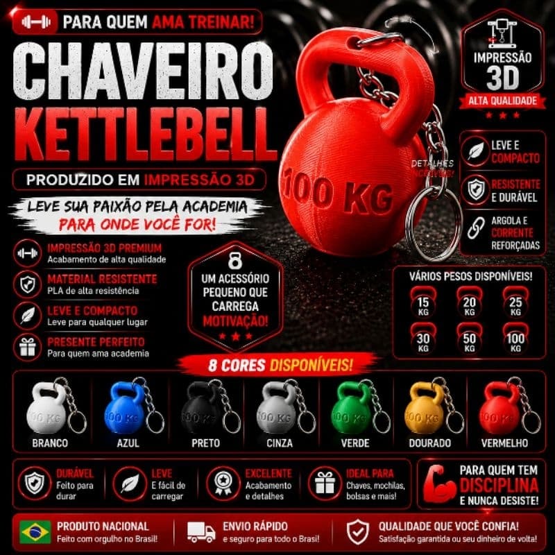 Chaveiro Kettlebell 3D Academia Personalizado | Mini Peso de Musculação | Presente Fitness