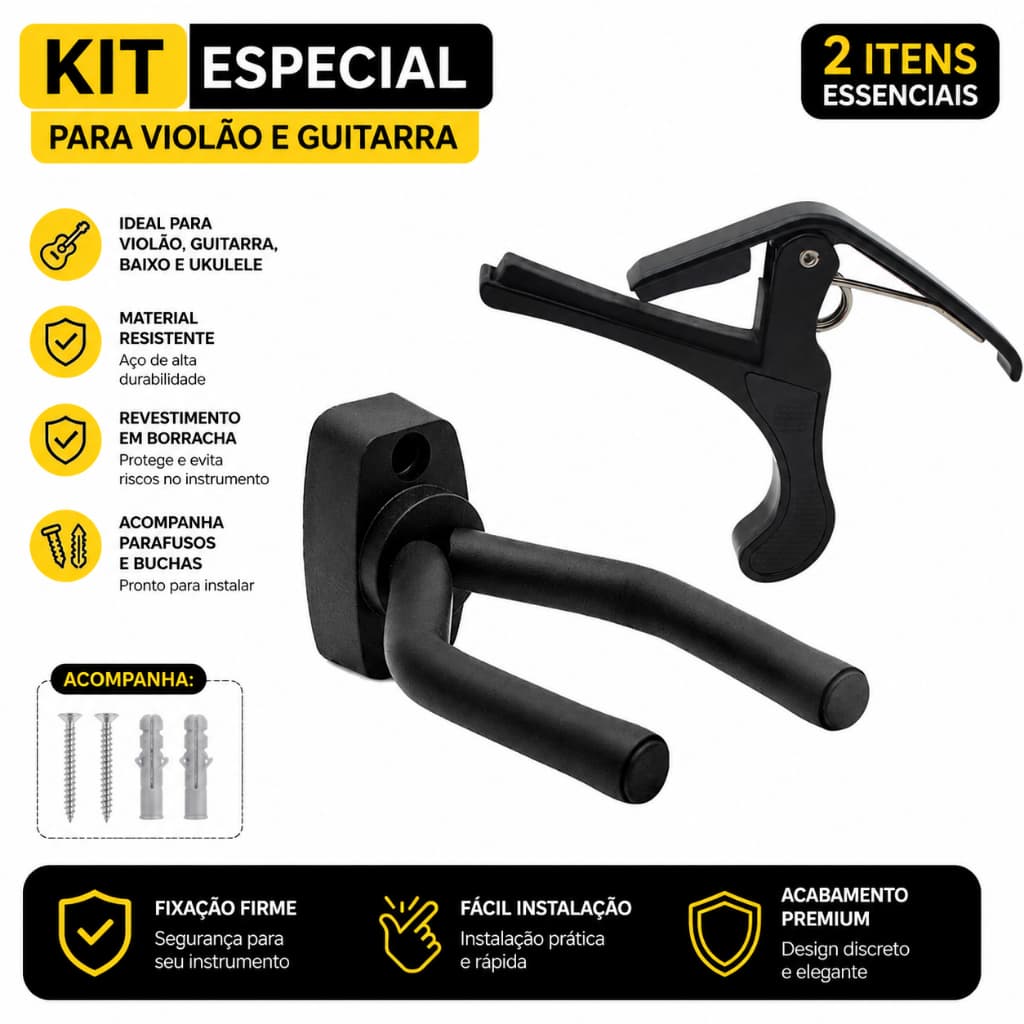Kit Suporte Parede Violão Guitarra Baixo Ukulele Capotraste Braçadeira Pestana Universal Com Parafusos Preto