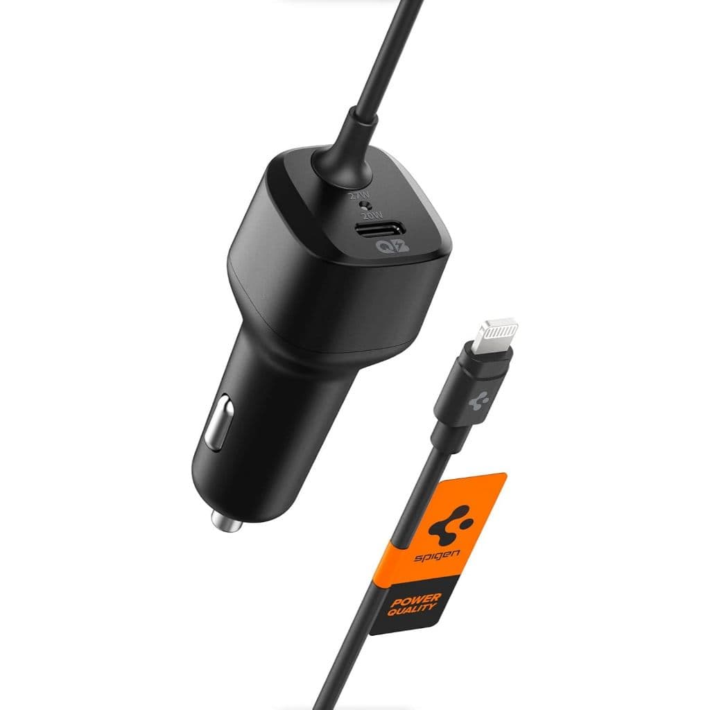 Carregador Veicular Spigen 47W com Cabo Lightning Integrado e Porta USB-C PD 20W