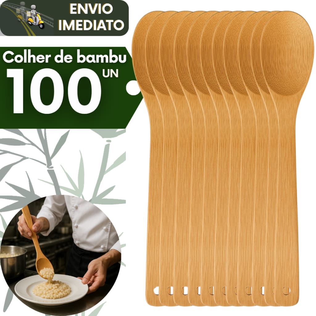 Kit 100 Colheres de Pau Bambu 30cm Ecológica Sustentável Natural Multiuso Cozinha Utensílio Madeira