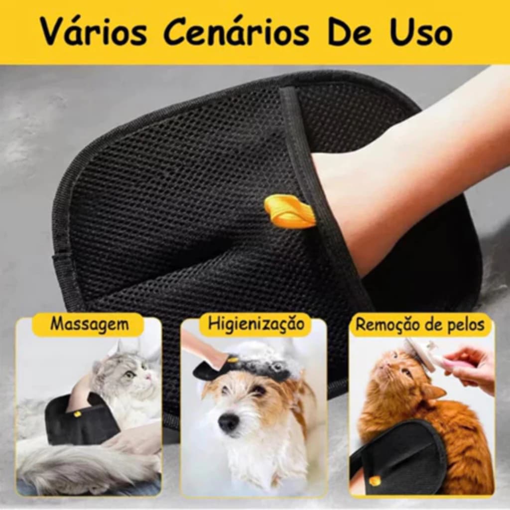 Luva Removedora de Pelos Pet 2 em 1 Massagem Tira Pelo de Roupa Sofá, Carro, Gato e Cachorro Lavável Durável