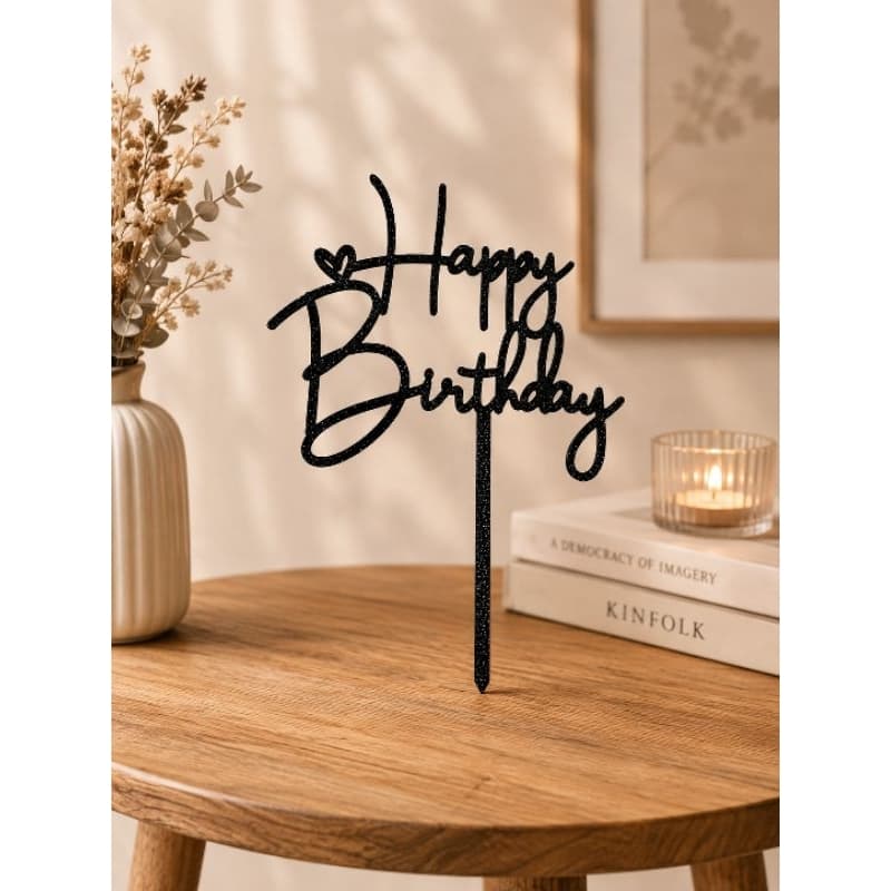 Topo de Bolo Happy Birthday Preto  Decoração para Bolo de Aniversário Festa