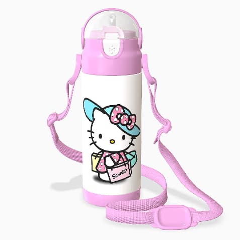 Garrafinha Térmica Personalizada Hello Kitty Com Nome Alça e Canudo 350ml Garrafinha termica infantil Hello Kitty