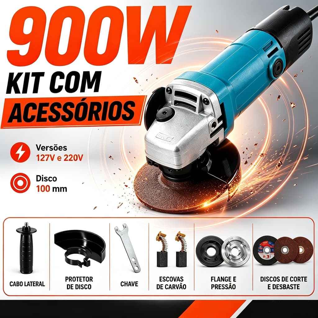 Esmerilhadeira Angular 900W + Kit 9 Peças – 11000 RPM, 127V/220V, Disco 100mm, Corte e Polimento S2