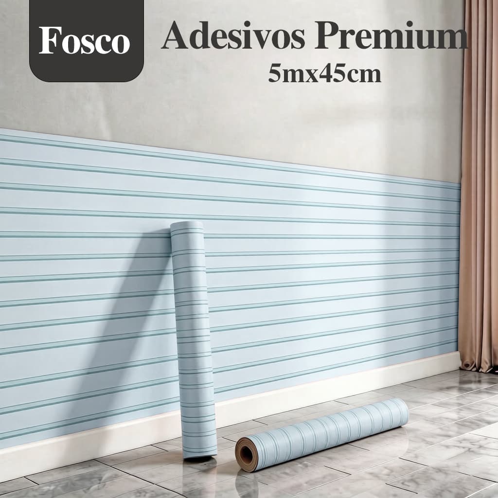 Papel de Parede Adesivo Listrado Azul Claro 45cm x 5m Vinil PVC Impermeável para Sala Quarto Cozinha Móveis Decoração