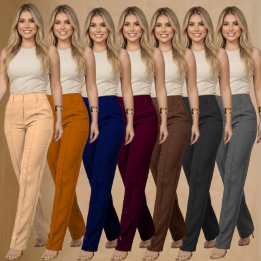 Calça Alfaiataria  Feminina Social Corte Reto Clássico Cintura Alta com Bolso e Ziper Elegante Plusize