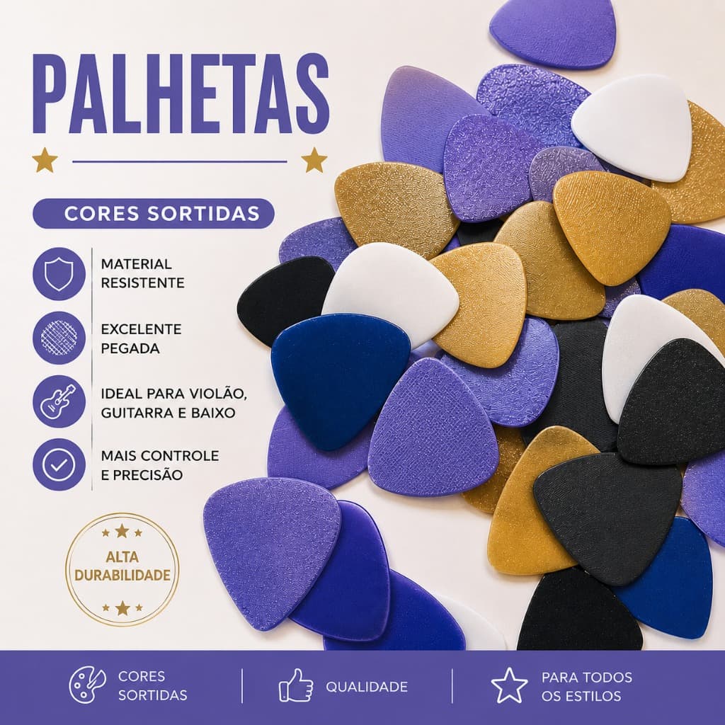 Kit 50 Unidades Palheta Coloridas Paleta Guitarra Violão Baixo Ukulele