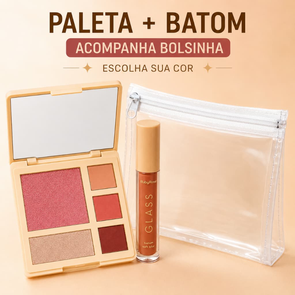 Kit Maquiagem Completa Ruby Rose Paleta Glass Glam + Batom Soft Blur Blush Iluminador Sombras Glow