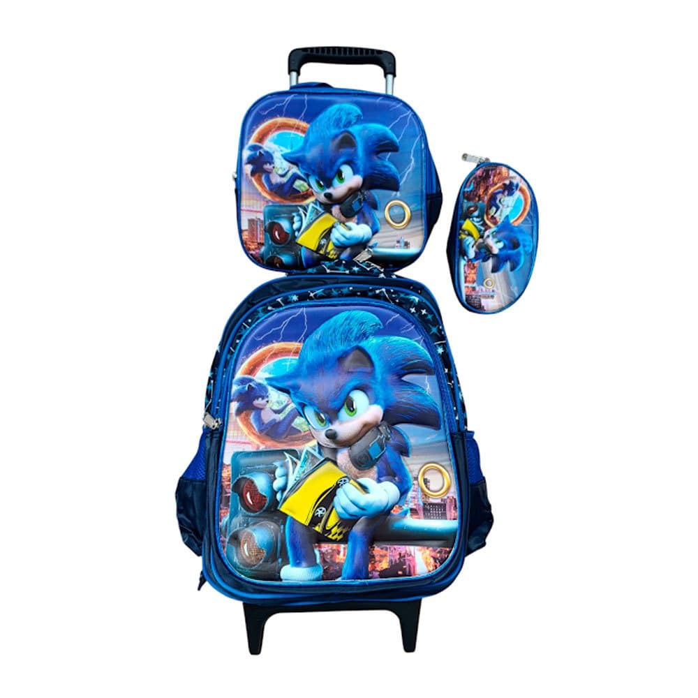 Kit Mochila do Sonic em Alto Relevo com Rodinhas + Lancheira Térmica + Estojo Escolar Infantil em 3D