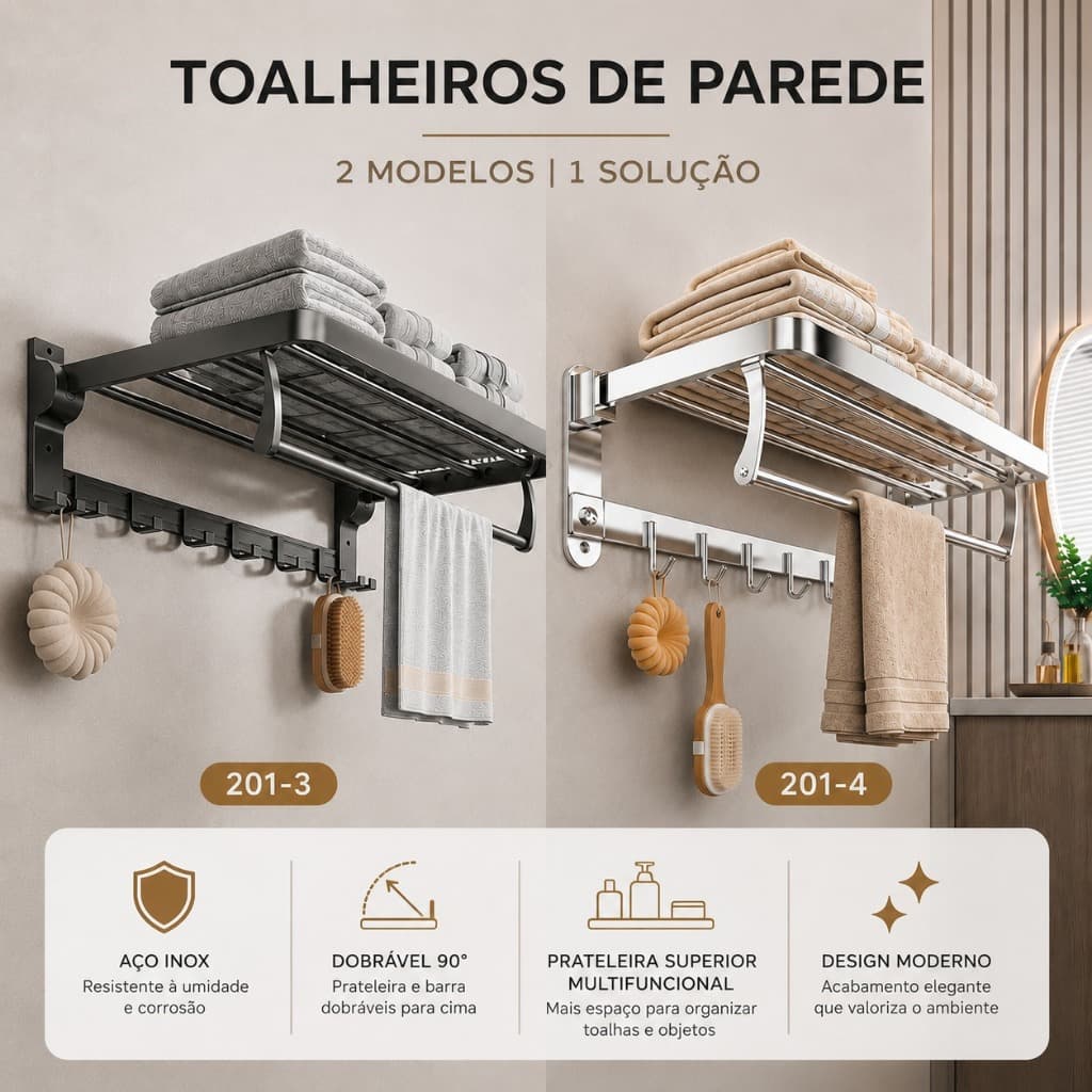 Toalheiro de Parede 58cm a 60cm Banheiro Aço Inox Porta Toalha com Prateleira e Ganchos