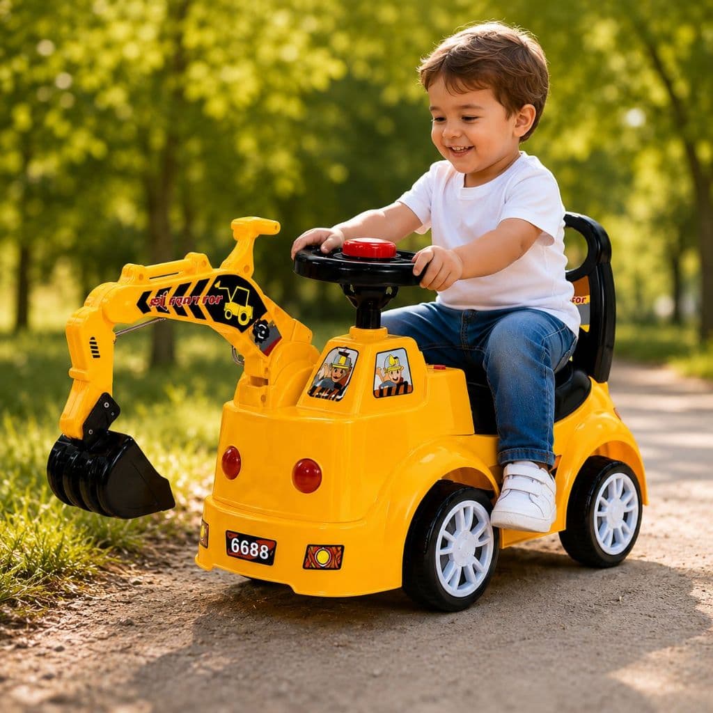 Escavadeira Infantil de Passeio com Garra Articulada Volante com Buzina Porta Objetos 2 a 6 Anos 30kg