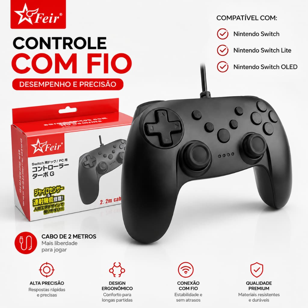 Controle Joystick Gamepad Com fio Para Switch Oled LITE Usb Pc Gamer