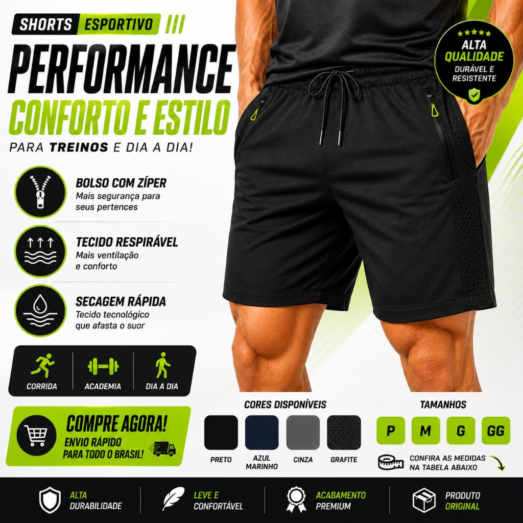 Short Masculino Esportivo Premium com Bolsos de Zíper para Academia, Corrida e Treino