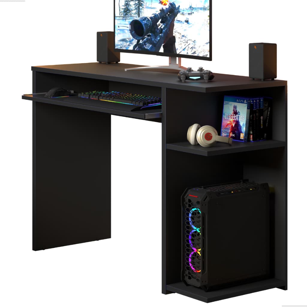Escrivaninha Mesa para Computador Preta com Prateleiras e Suporte para Teclado Home Office