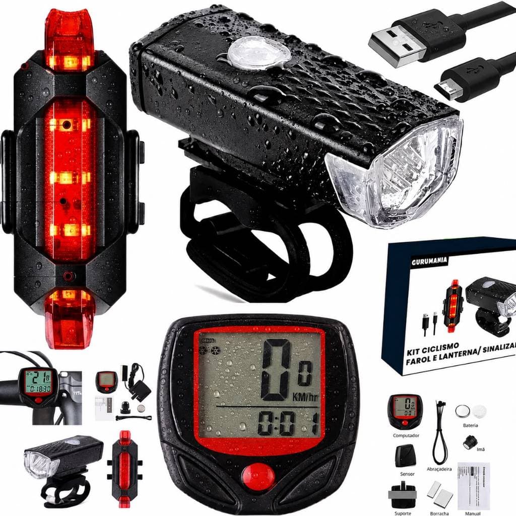 Farol Lanterna Velocimetro com Fio Bicicleta Iluminação Recarregavel USB Sinalizador Bike
