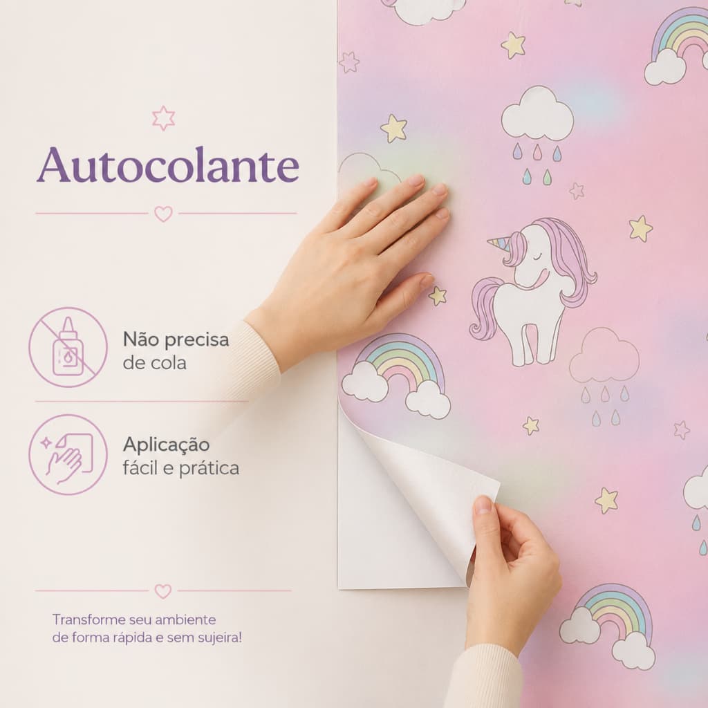 Adesivo Papel de Parede Infantil Unicórnio Mágico Rosa Autoadesivo Rolo 45cm Quarto