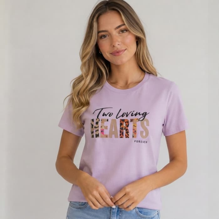 Blusa T-Shirt Feminina 100% Algodão Peruano Camiseta Estampada Two Loving Hearts Casual Manga Curta Moda Premium