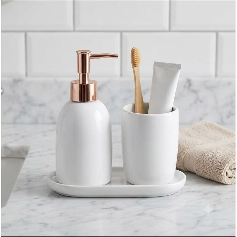 kit banheiro 3 peças com Bandeja / porta escovas / porta sabonete líquido