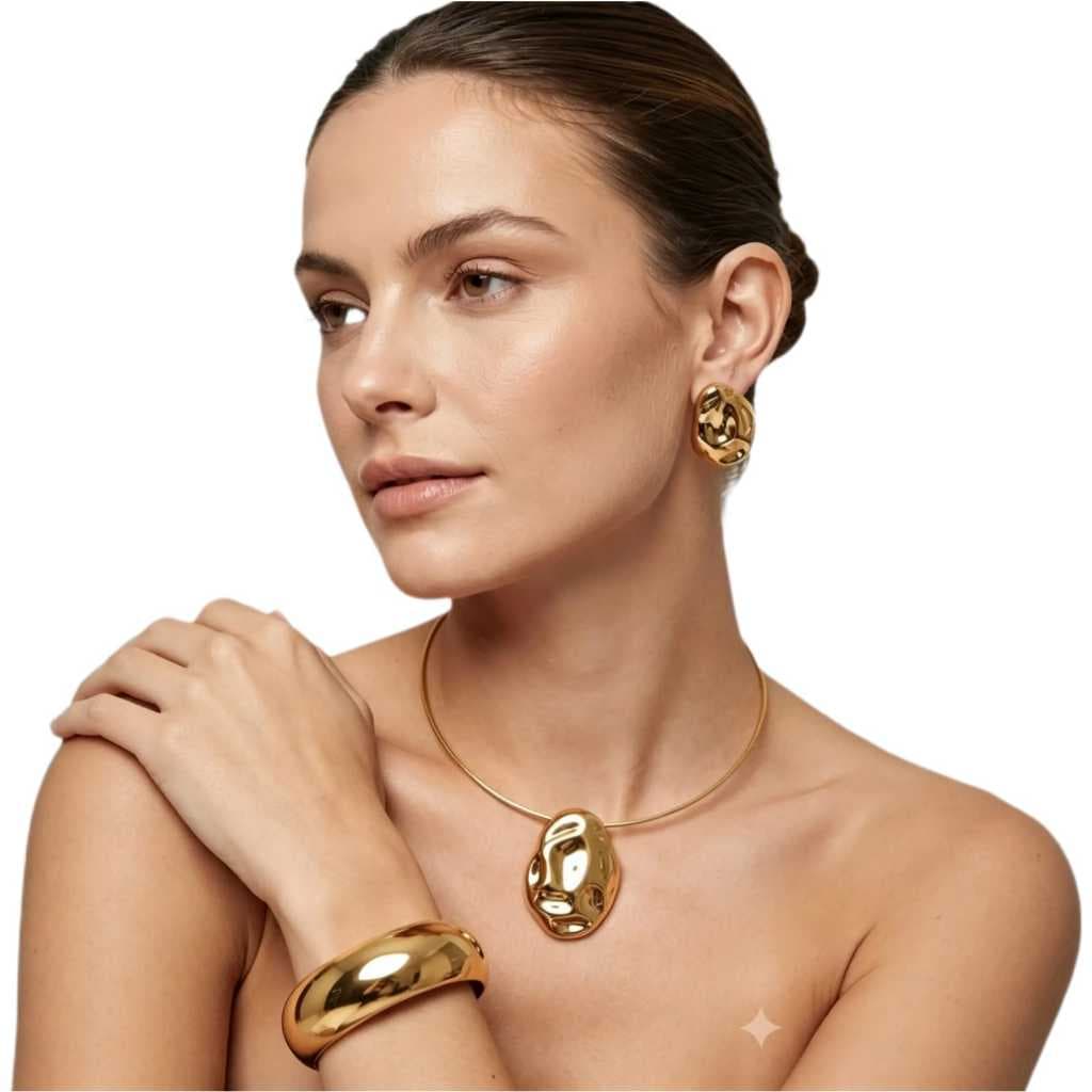 Kit Semijoia Dourada 3 Peças Colar Choker Bracelete Brinco Antialérgico Não esurece