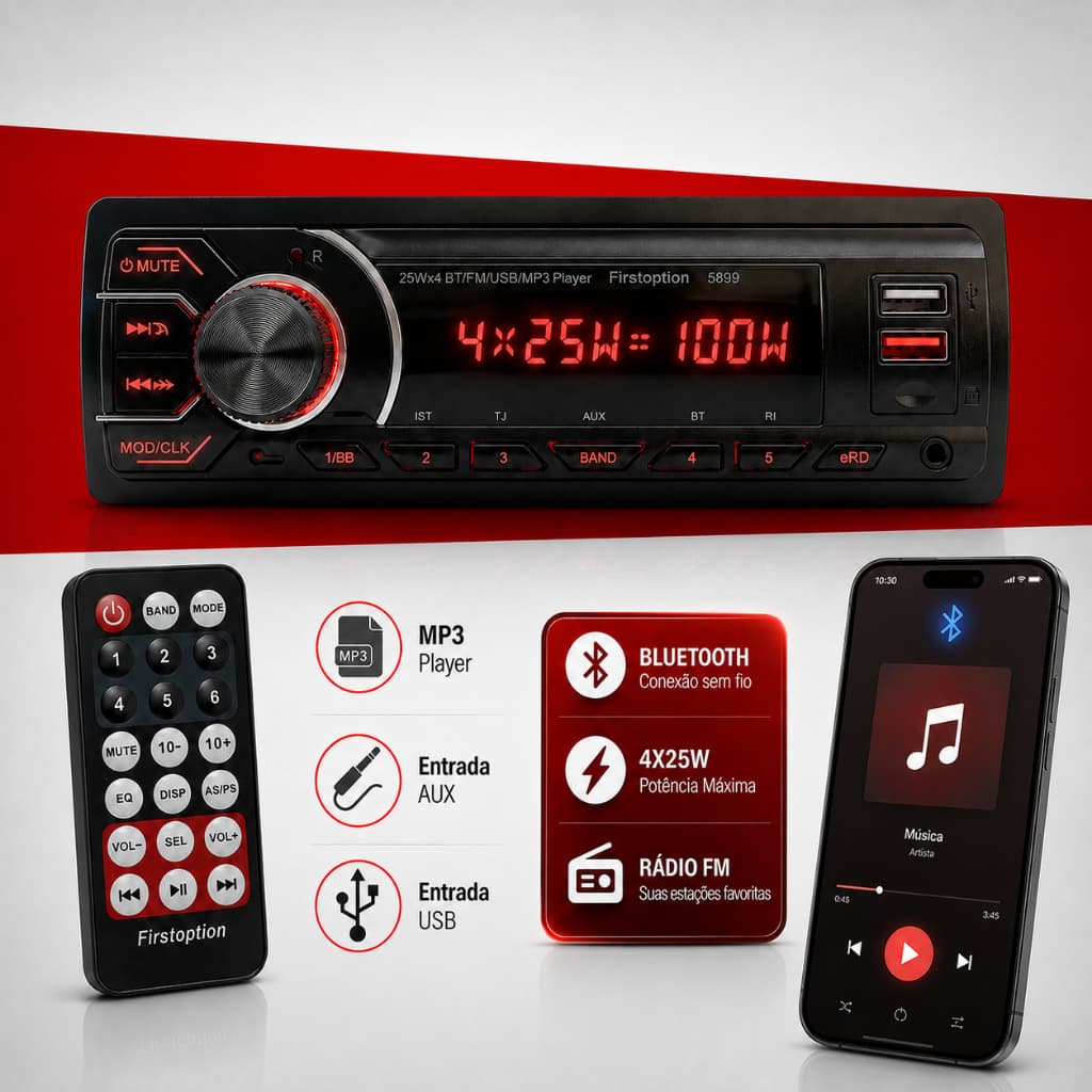 Rádio som Automotivo Bluetooth 5.0 USB AUX FM MP3  4x25W pen drive First Option 12V 1 Din
