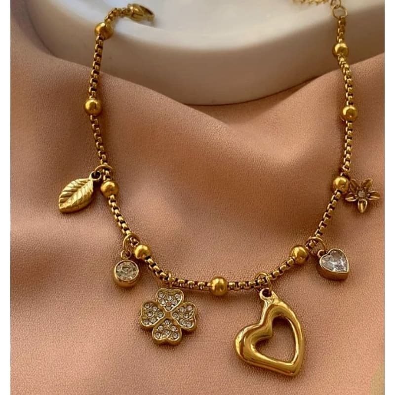 Pulseira Veneziana com Bolas e Pingentes em Aço Inoxidável.