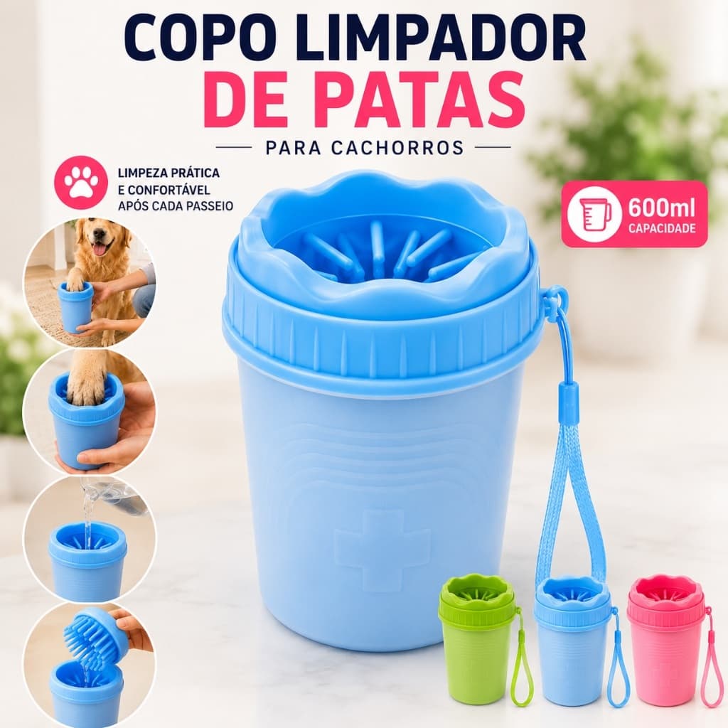 Copo Limpador de Patas para Cachorro 600ml Cerdas de Silicone Lava Patinhas Pet Porte Grande