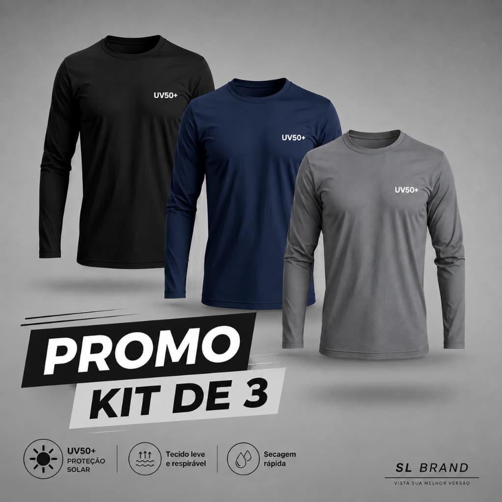 Kit 3 Camisetas Térmicas Manga Longa Proteção Solar UV 50+ Segunda Pele Moto Unissex Feminina Masculina