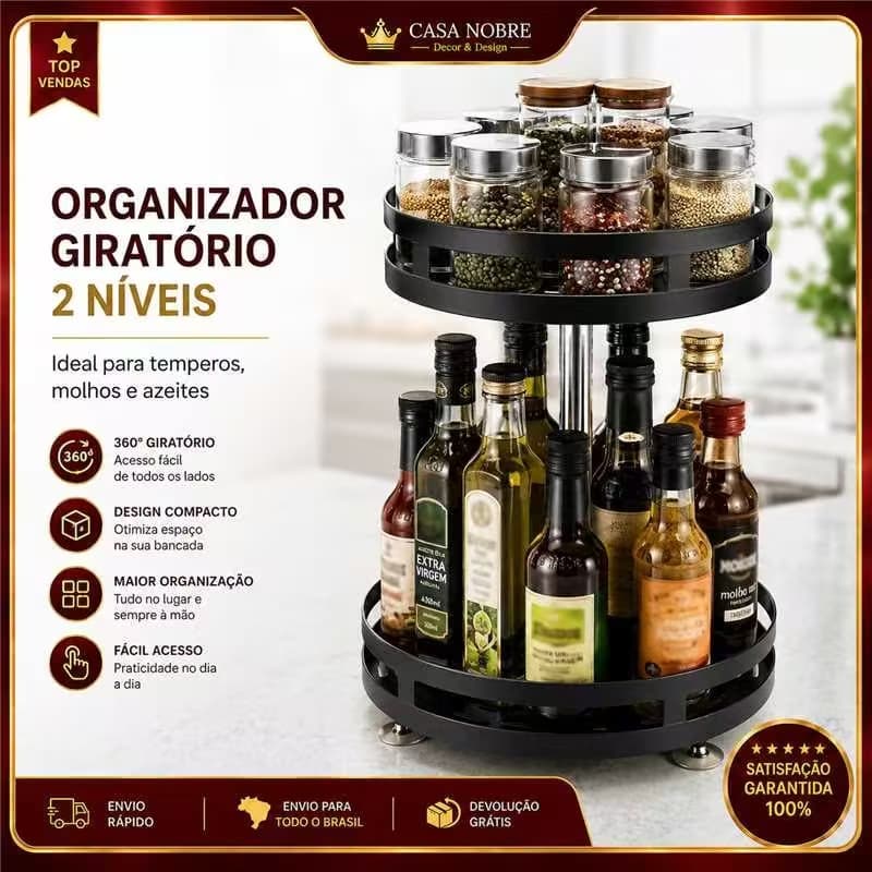 Organizador Giratório 2 Níveis Para Cozinha, Base 360°, Suporte Para Temperos, Azeites E Molhos