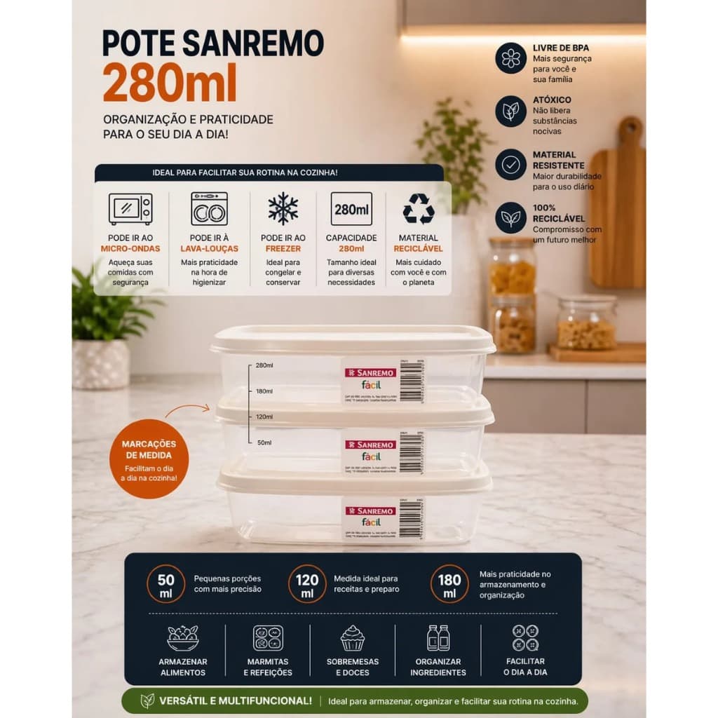 Kit 3 Potes Retangulares Plásticos Multiuso Sanremo 280ml