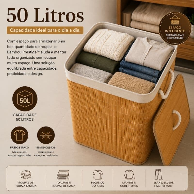 Cesto de Roupas Bambou Prestige™ | 50L em Bambu com Tampa e Alças Dobrável Organizador para Banheiro, Lavanderia e Close