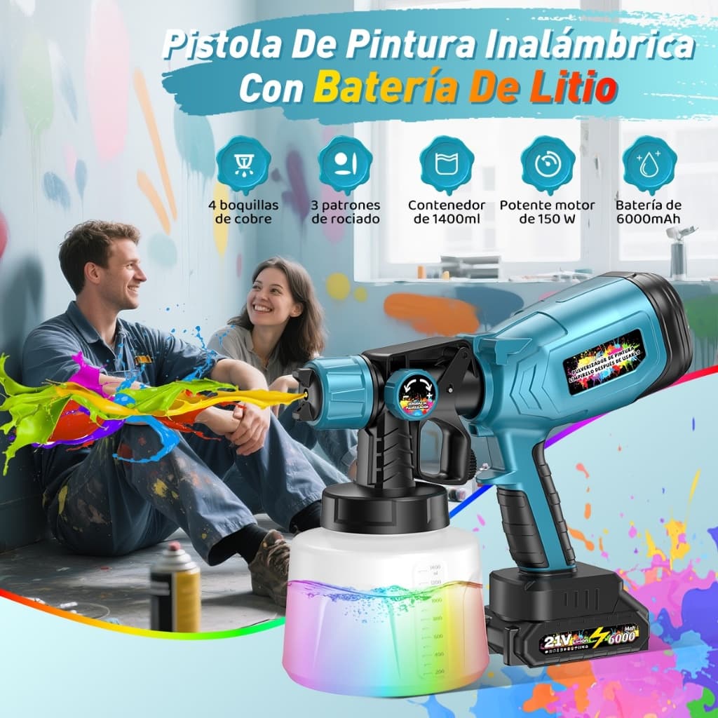Máquina de Pintura Spray Elétrica 21V| 1400ml,2 Baterias 5 Bicos, para Paredes, Móveis e Reformas