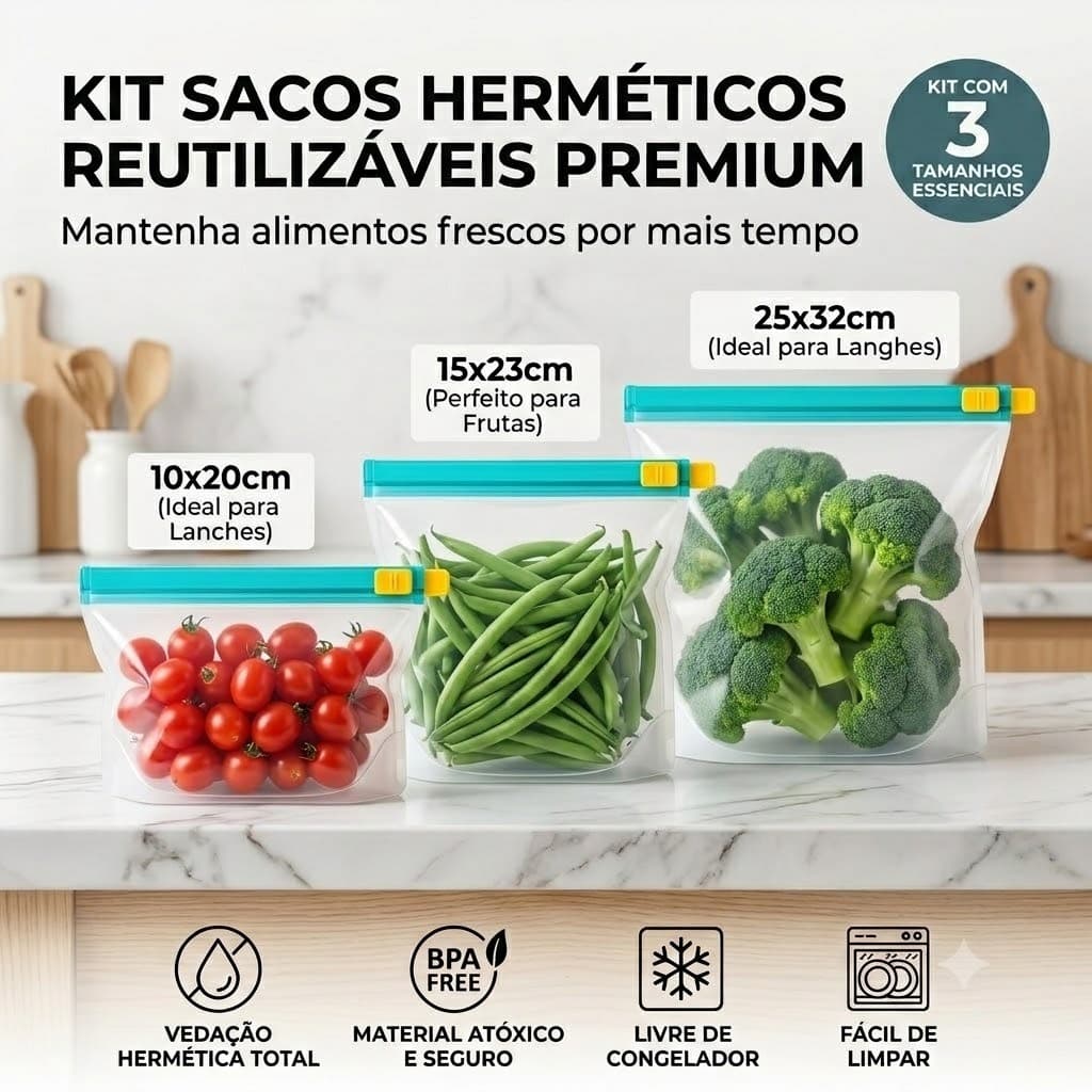 Kit 40 Sacos para Armazenar Alimentos Reutilizáveis Seguros para Congelador Freezer