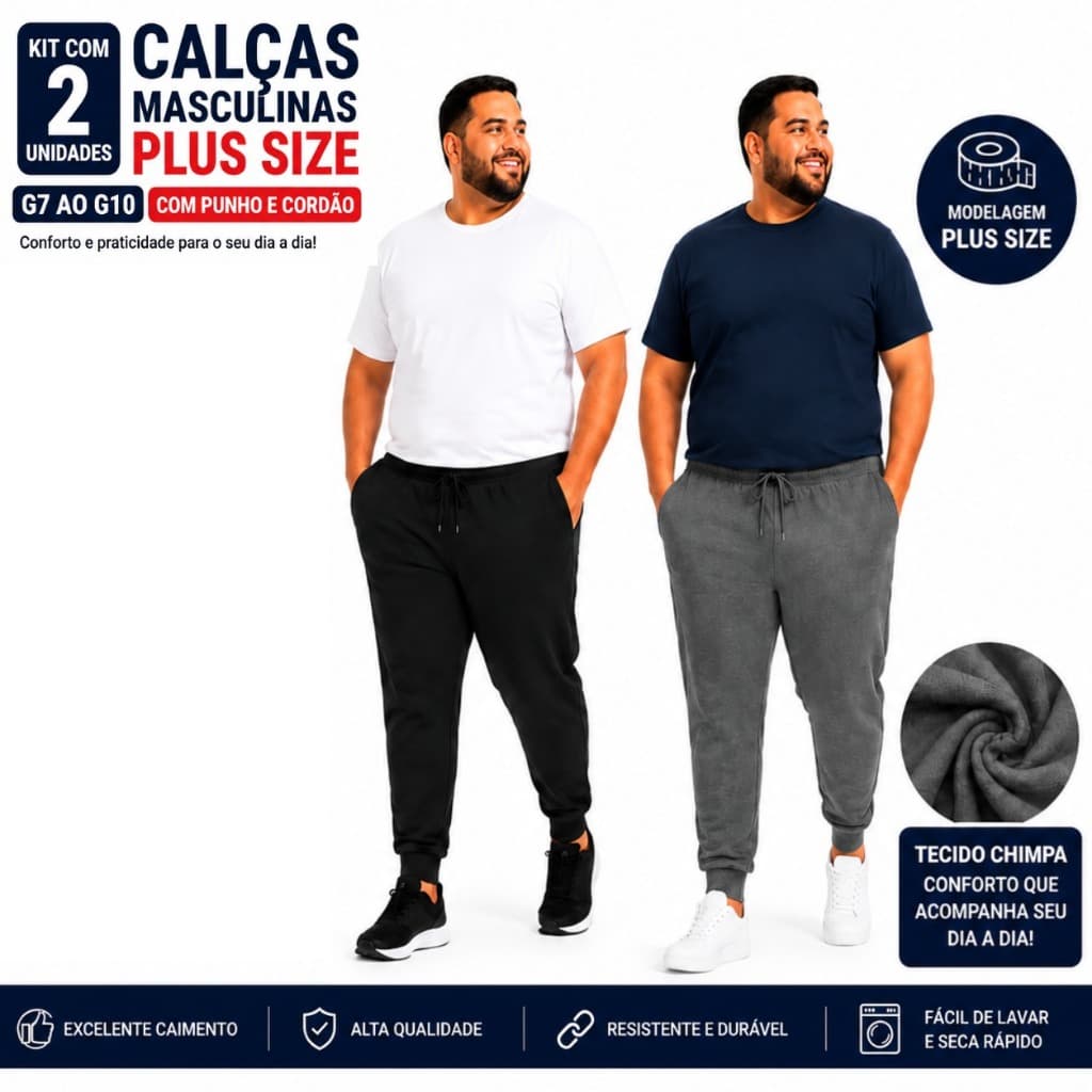 Kit 2 Calças Masculinas Plus Size Com Bolso e Cordão
