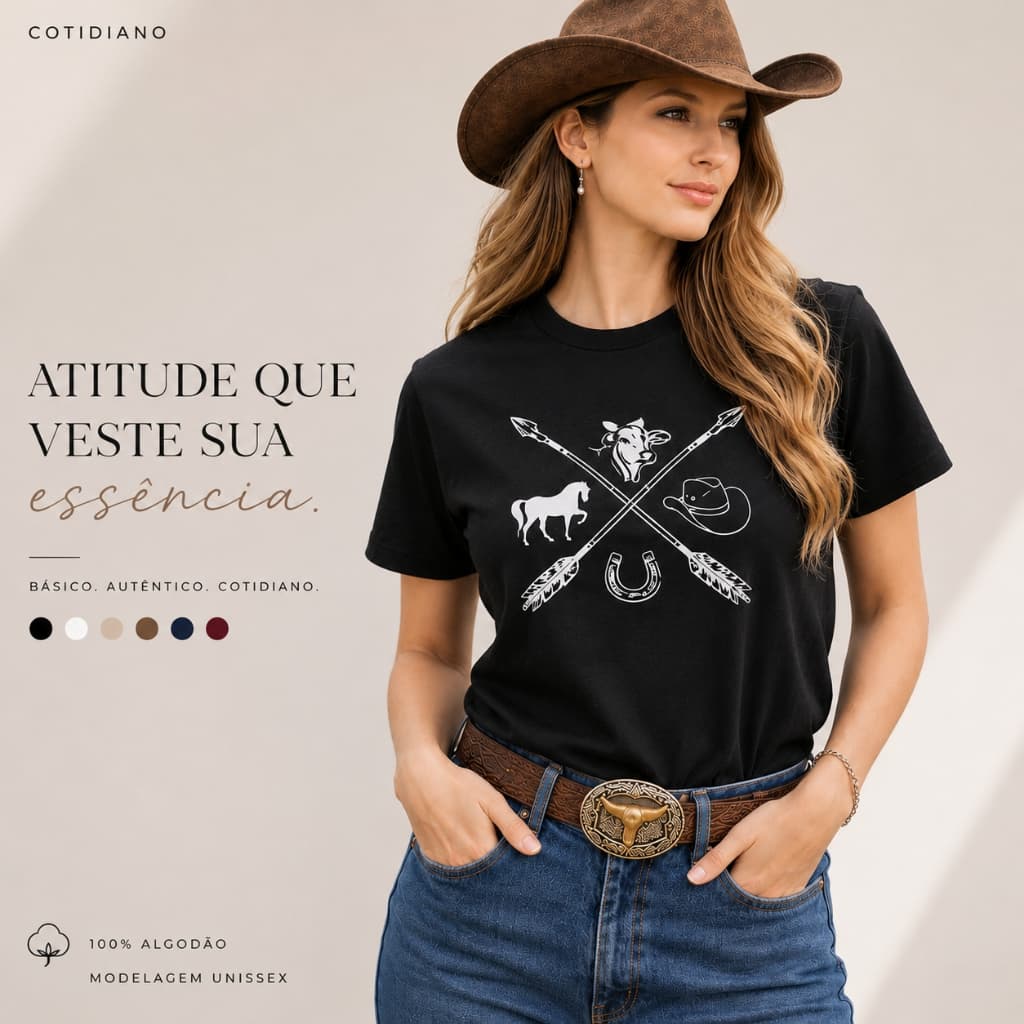 Camiseta Feminina 100% Algodão Camisa Cowboy Country Cavalo Chapéu Ferradura Casual