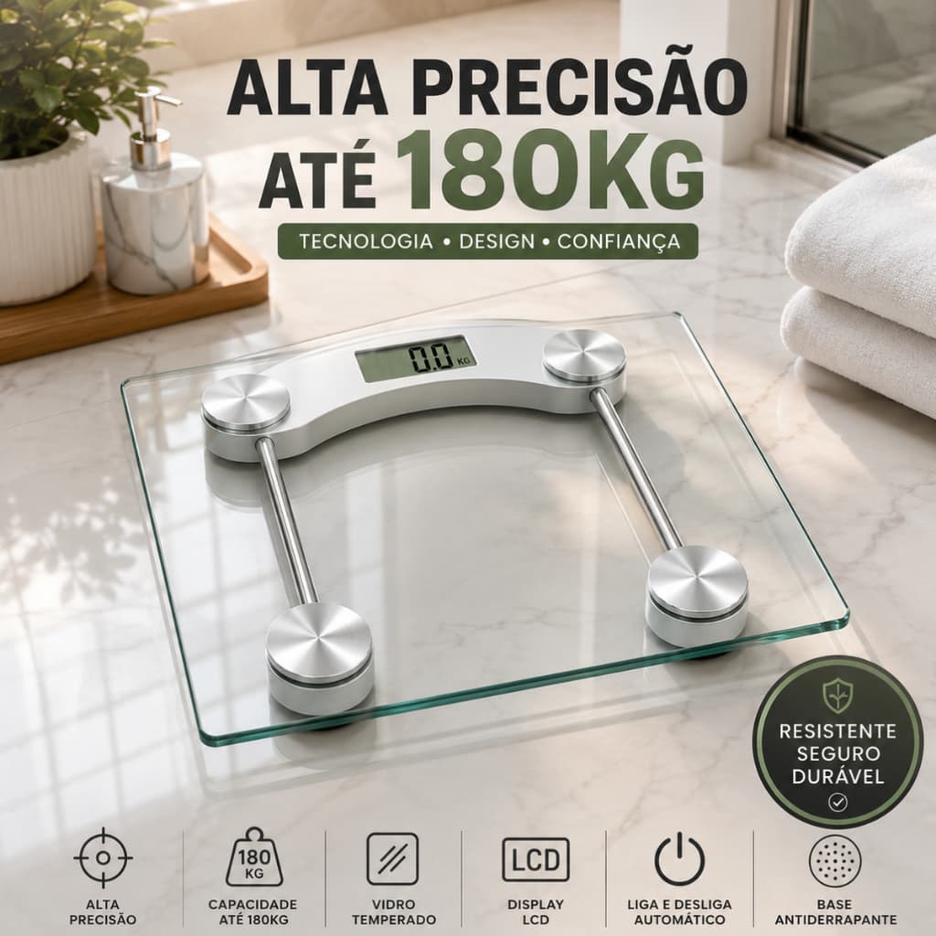 Balança Digital Corporal 180kg Alta Precisão Vidro Temperado LCD Antiderrapante Banheiro Fitness