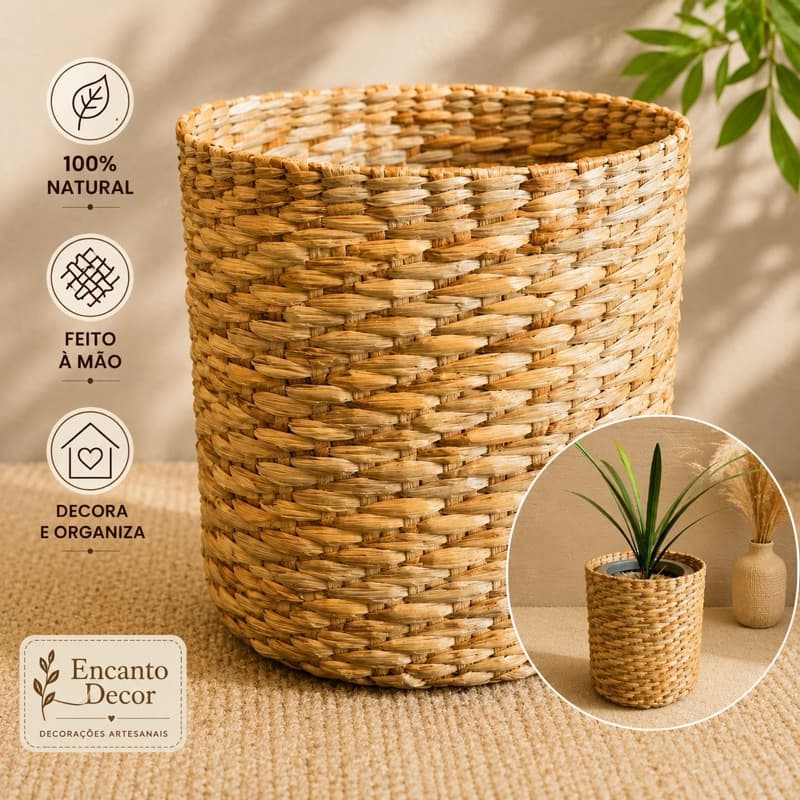 Cachepô de Taboa Natural Artesanal – Decoração Rústica para Plantas | Feito à Mão e Sustentável