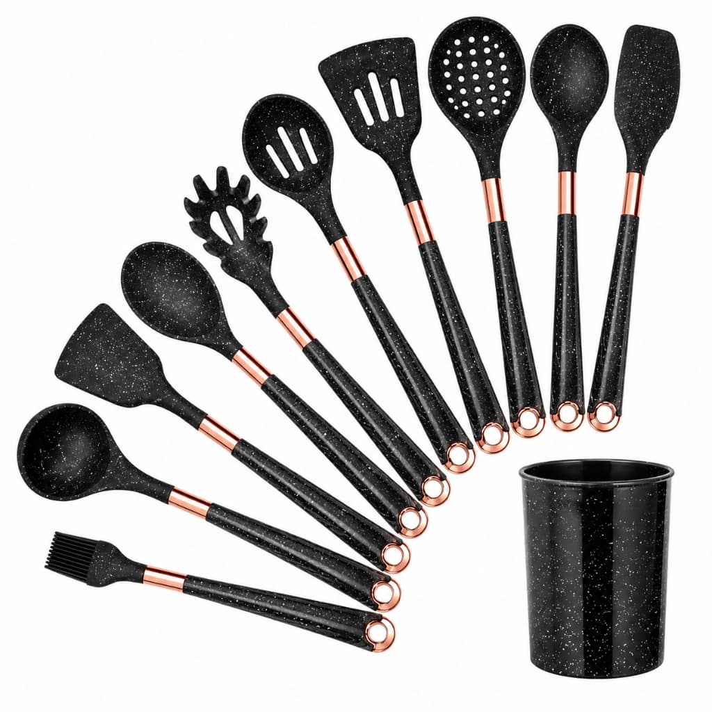 Kit de Cozinha 11 Peças Silicone Cabo Amadeirado Com Suporte Não Risca Panela