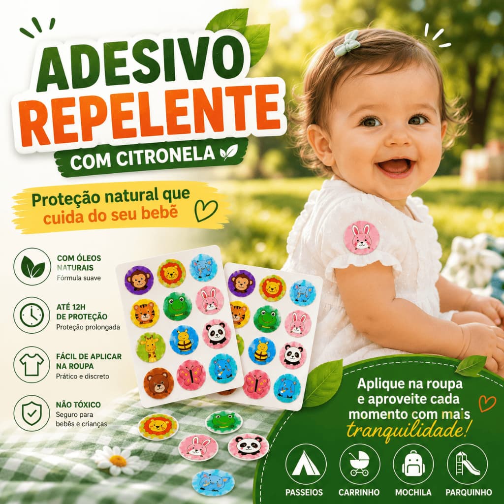 Adesivo Repelente Infantil de Citronela 36/72/144 Unidades Natural Anti Mosquito Não Tóxico para Bebês e Crianças