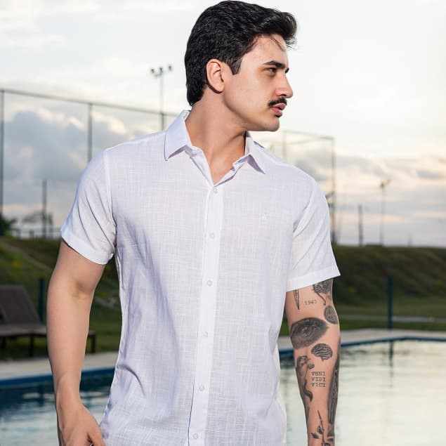 Camisa Masculina Social Slim Manga Curta Linho Premium Anti Odor Tamanhos P, M, G, GG e XG