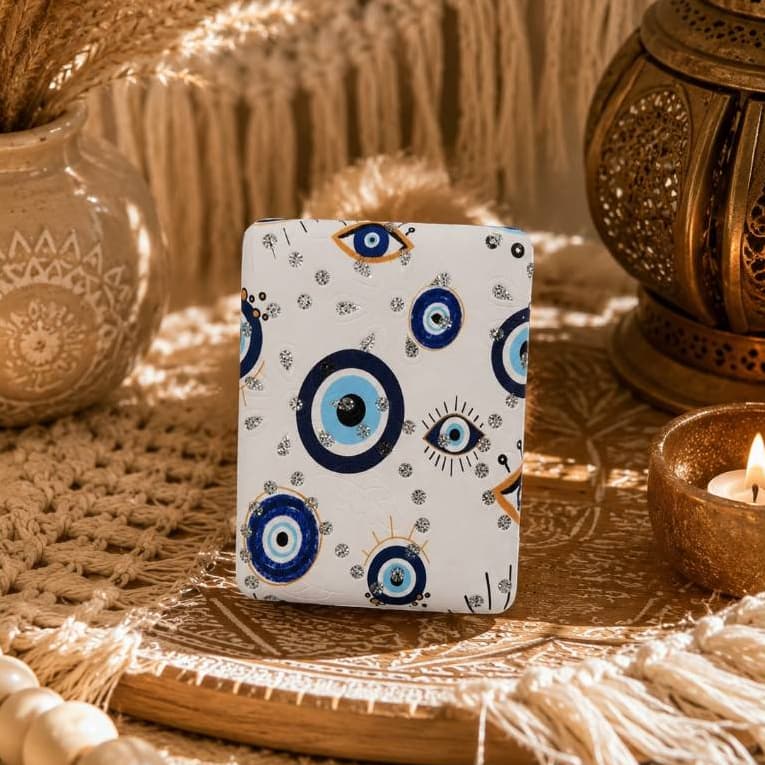 Espelho de Bolso Retangular Olho Grego Branco – Proteção, Estilo e Praticidade