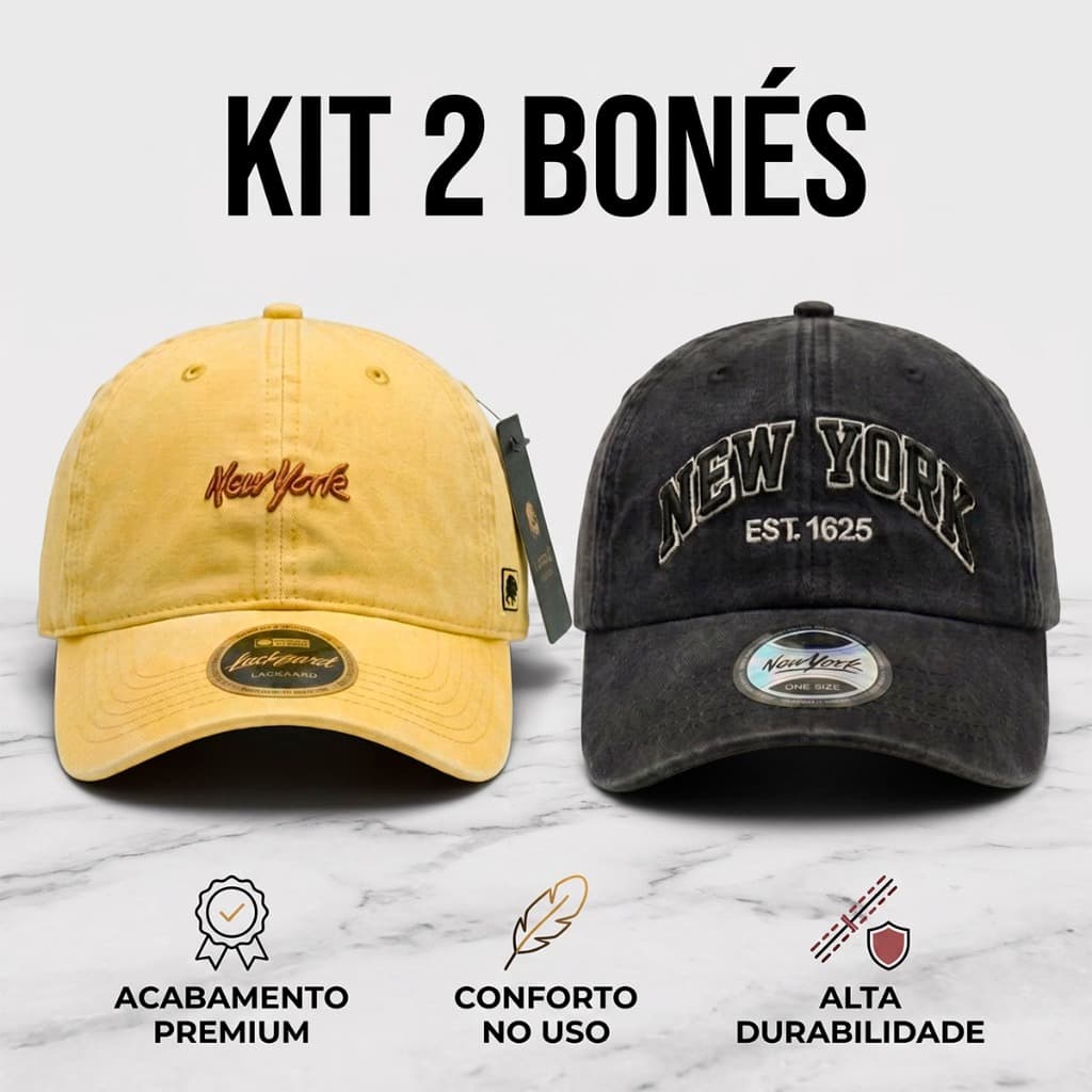 Kit 2 Boné New York Jeans Azul Aba Curva Unissex Estonado Casual Urbano Premium Dia a Dia Streetwear