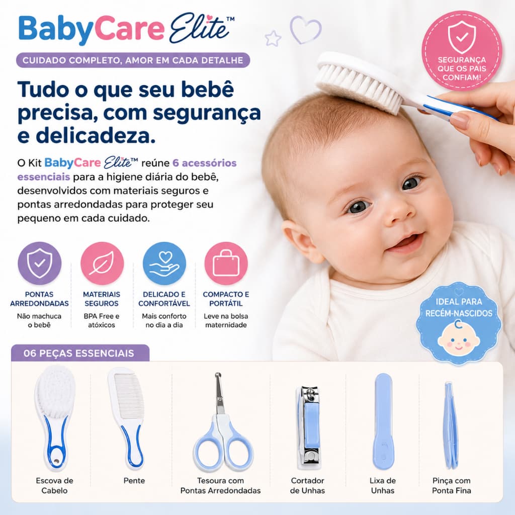 Kit Higiene Bebê 6 Peças BabyCare Elite™ Kit Cuidados Recém-Nascido Escova Pente Tesoura Cortador de Unhas Enxoval Bebê