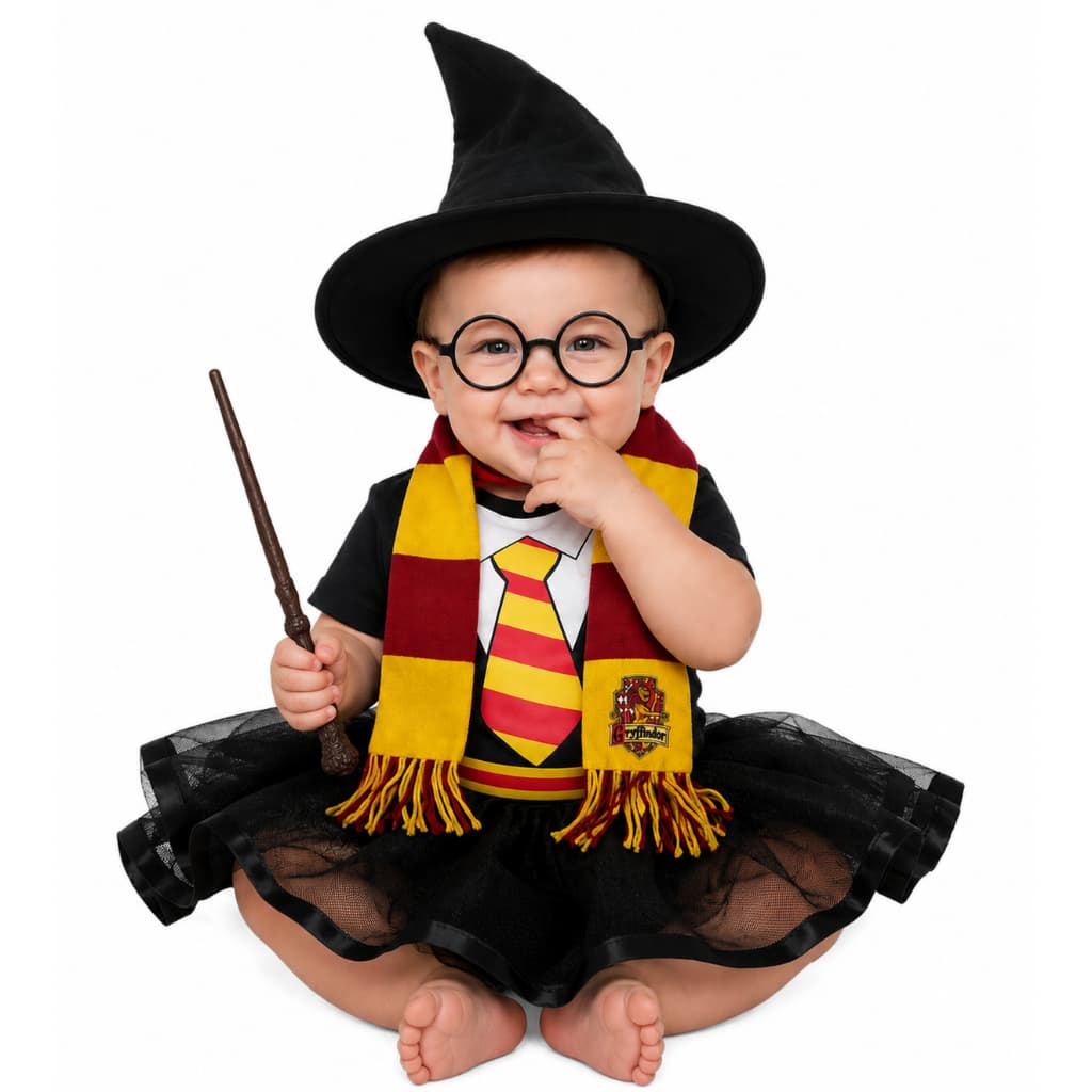 Body Bebe Mesversario Fantasia Bruxo Harry Potter Infantil Tematico com Acessórios