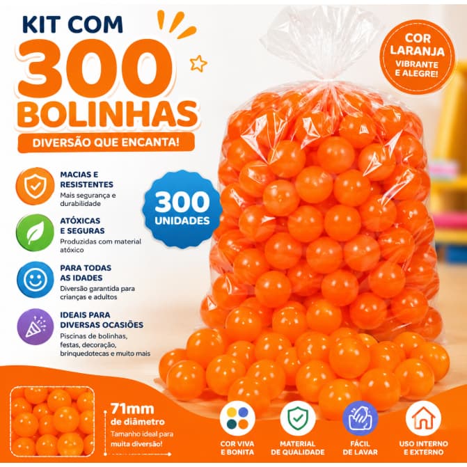 300 Bolinhas de Piscina Laranja 71mm Infantil Brinquedo Decoração Festa Piscina de Bolinhas